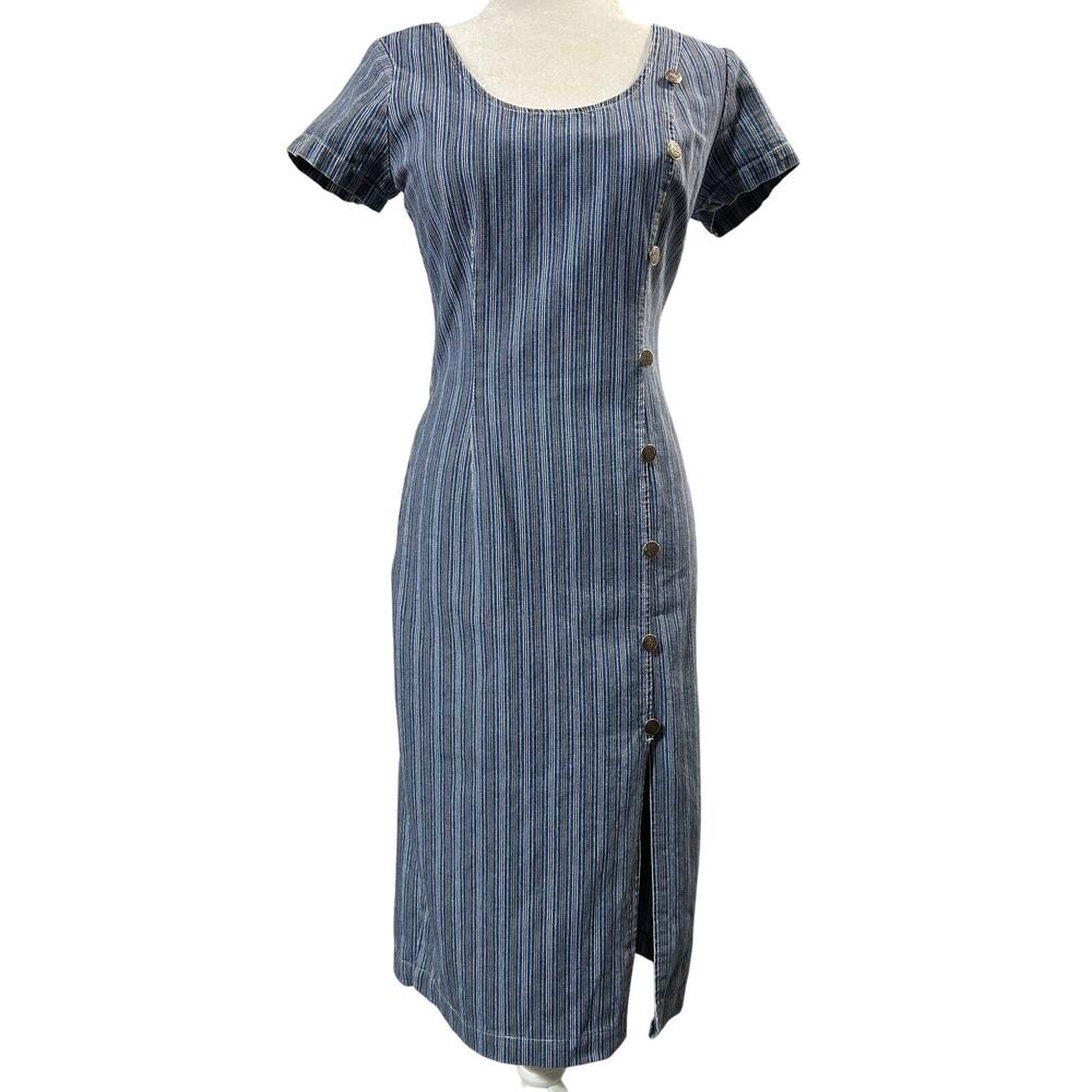 Vintage 90s Paris Size 4 6 Striped Cotton Denim Short Sleeved Dress Slit USA